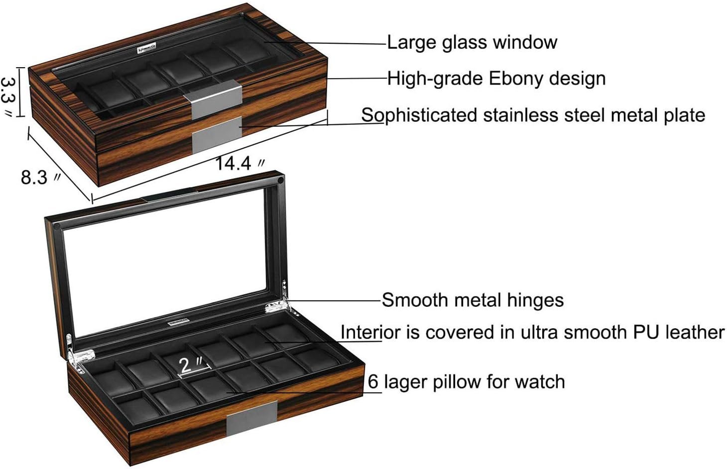 Wooden watch box with a large glass lid, high-grade ebony design, stainless steel accents, and smooth PU leather interior with 12 cushioned compartments.