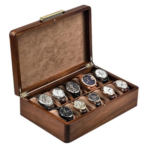 Wooden watch box with soft suede interior and 10 compartments for secure and organized watch storage.