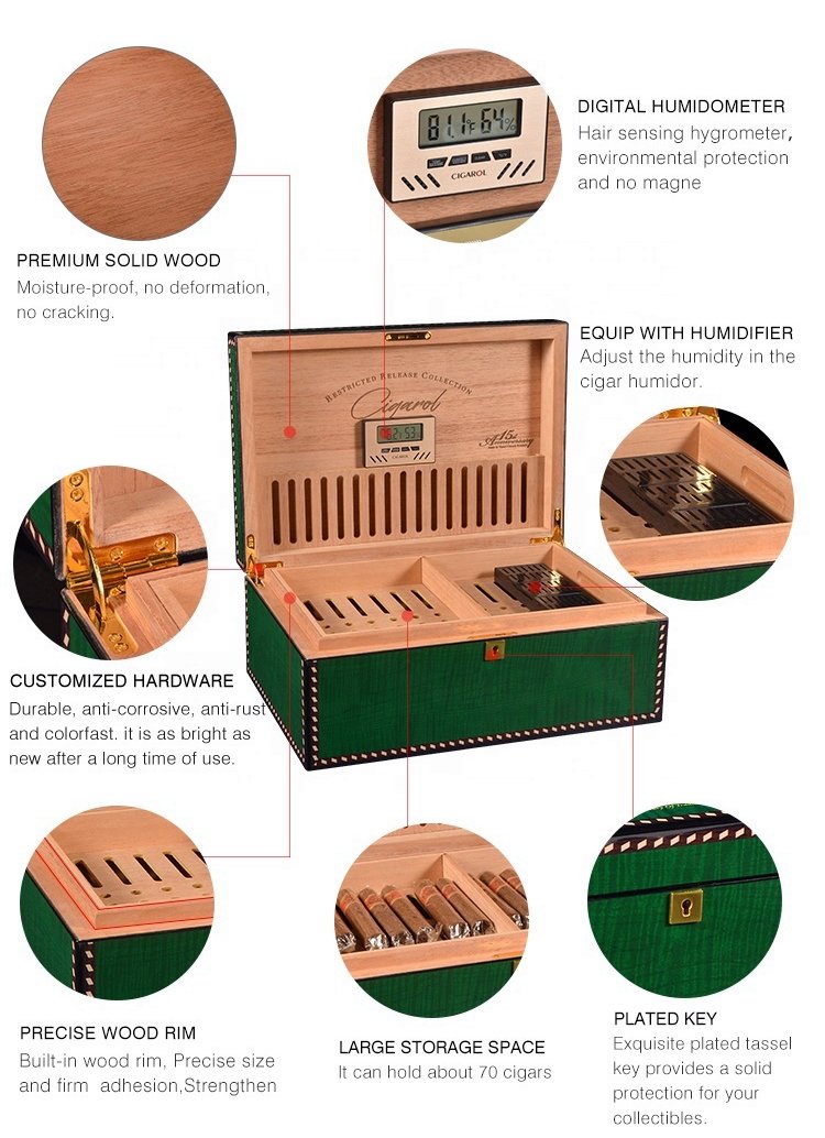 Scatola per sigari in legno con opzioni di personalizzazione, tra cui legno massiccio di prima qualità, igrometro digitale, umidificatore, ampio spazio di archiviazione, chiave placcata, bordo in legno preciso e ferramenta resistente.