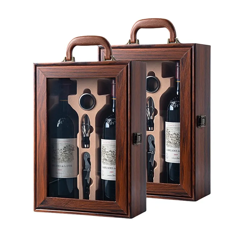 High-end wooden wine gift box with transparent cover, leather handle, and built-in wine accessories for premium packaging.