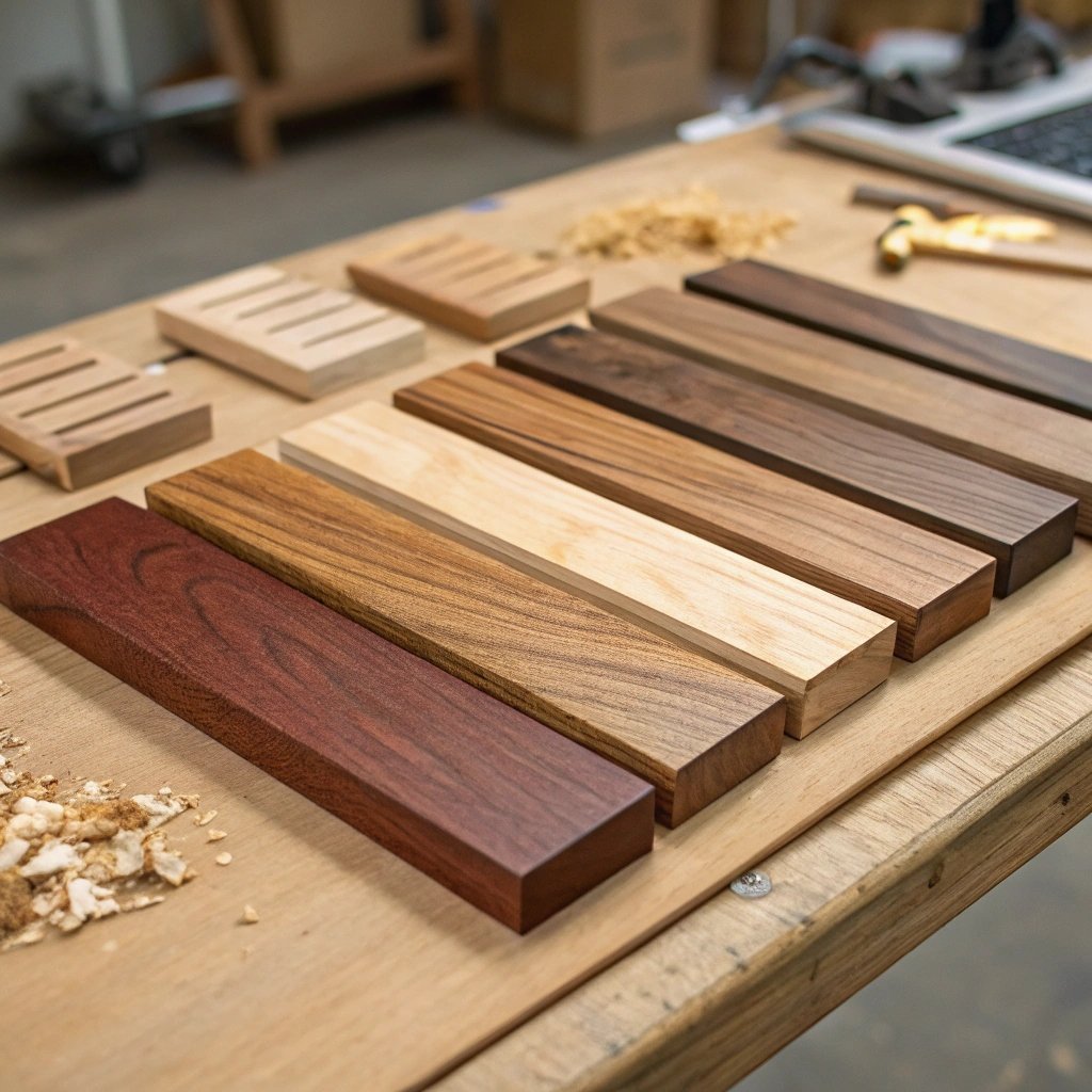 Varie tavole di legno di diversi colori e venature esposte su un banco di lavoro, per mostrare le opzioni di materiale per le scatole di legno personalizzate.