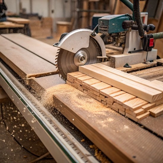 Seghe industriali che tagliano assi di legno in pezzi più piccoli, con trucioli di legno che si spargono durante il processo, in un'officina.