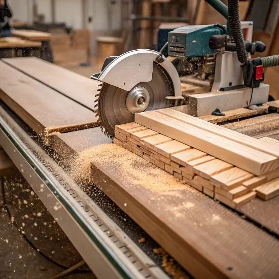 Industrielle Säge, die in einer Werkstatt Holzbretter in kleinere Stücke schneidet, wobei die Holzspäne während des Prozesses verstreut werden.