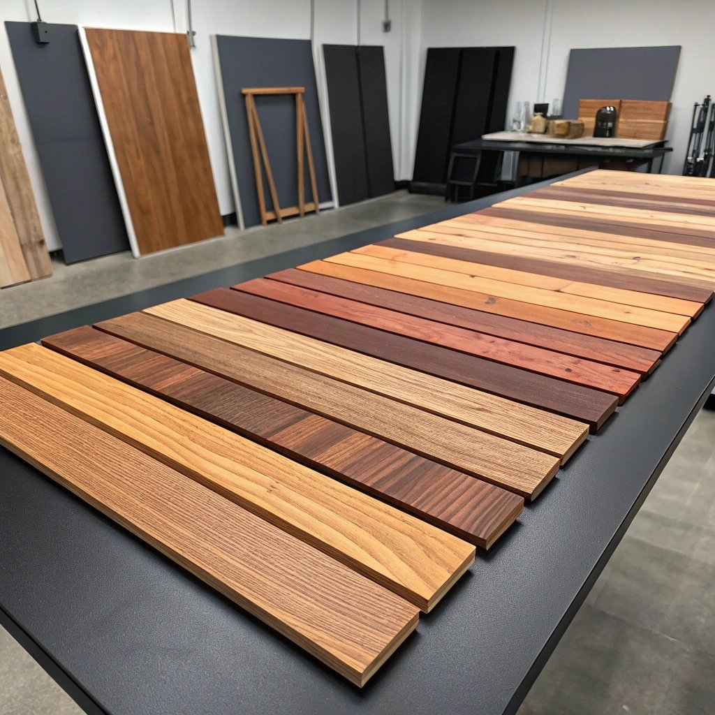 Una varietà di tavole di legno di diversi colori e venature esposte su un tavolo in un laboratorio, che mostra le opzioni per la produzione di scatole personalizzate.