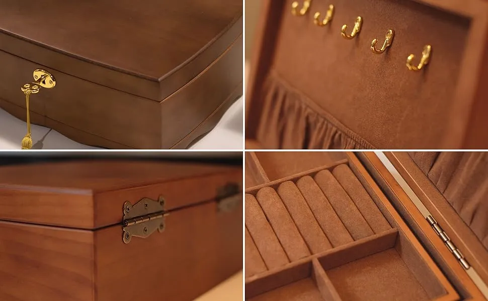 Close-up views of a wooden jewelry box showcasing gold-plated lock, hooks for necklaces, soft velvet-lined compartments, and durable hinges.