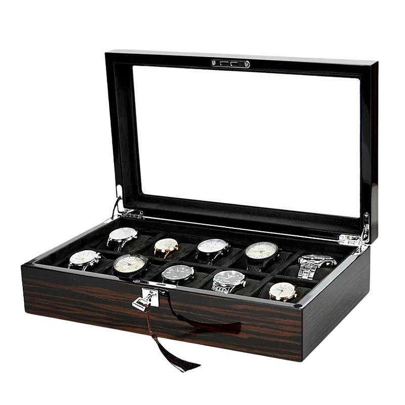 Open wooden watch display box with a glass lid, featuring 10 cushioned compartments holding assorted wristwatches.