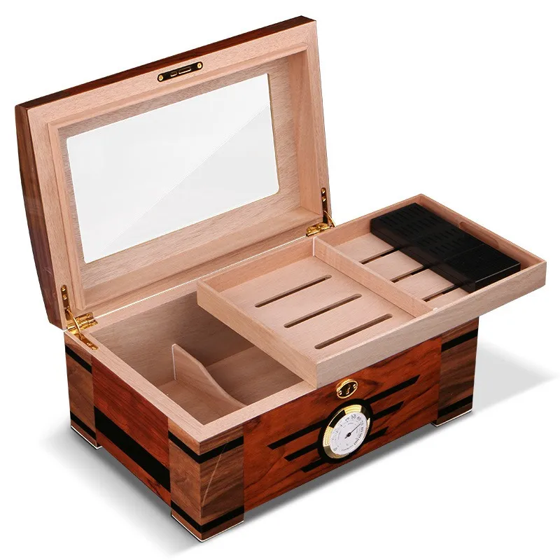 Humidor per sigari di lusso in legno con coperchio in vetro e igrometro Humidor per sigari in legno aperto con coperchio in vetro, igrometro incorporato, vassoio rimovibile e sistema di controllo dell'umidità.