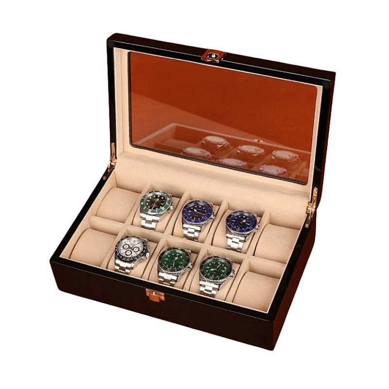 Dark brown wooden watch box with a transparent glass lid, soft beige lining, and 8 cushioned compartments for watches.