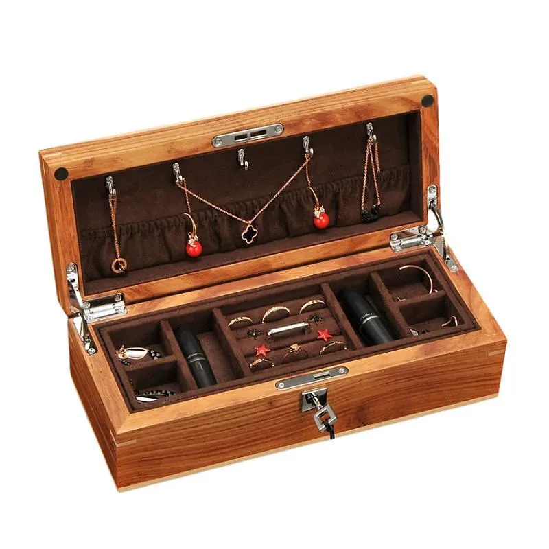 Rectangular wooden jewelry box with velvet-lined compartments, hooks for necklaces, and a secure locking mechanism.