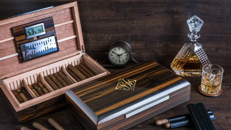 Cigars stored in a humidity-controlled box