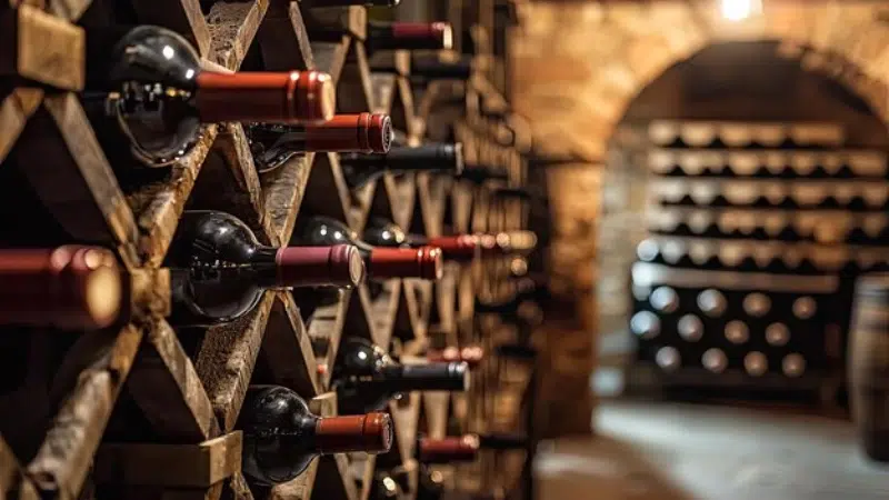 Close-up of a luxury wooden wine box with high-gloss finish in a cellar environment
