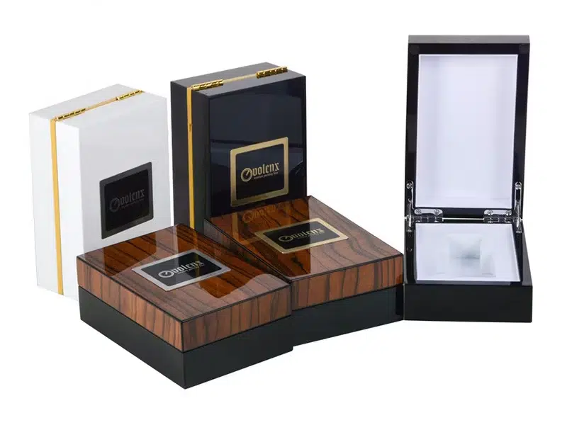Luxury wooden perfume box with contrasting matte and glossy surfaces