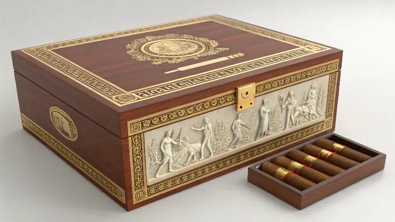 Engraved wooden cigar box