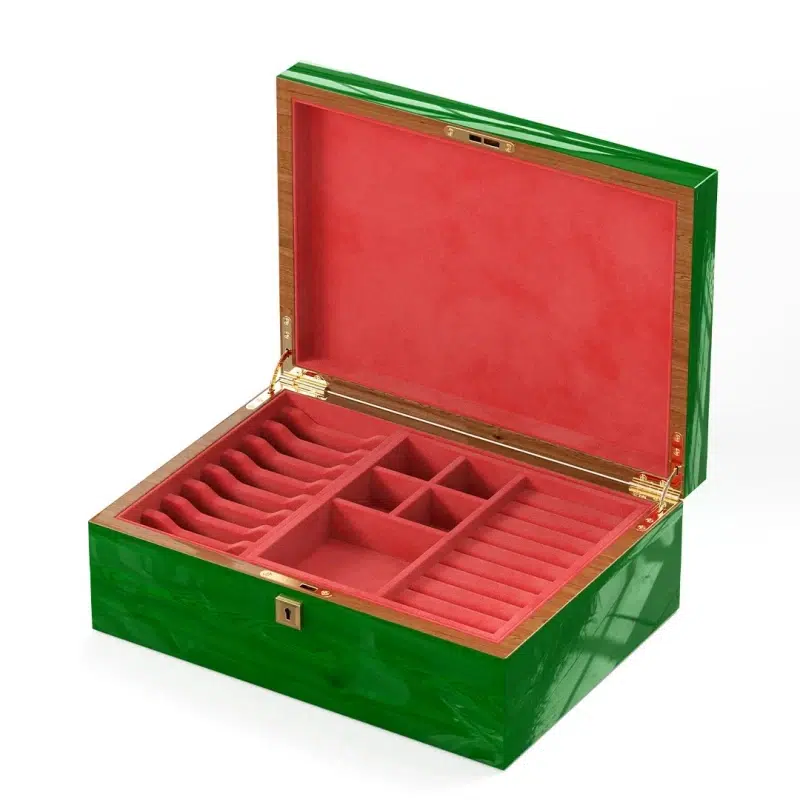 luxury jewelry box with velvet interior and matte wood finish