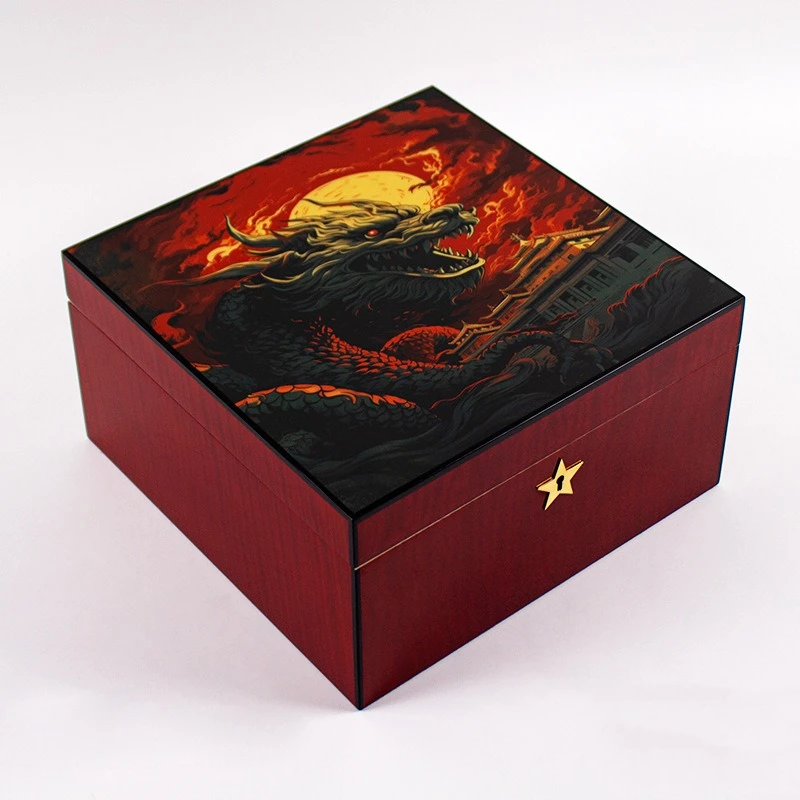 Humidor para charutos vermelho com tampa decorada com um dragão