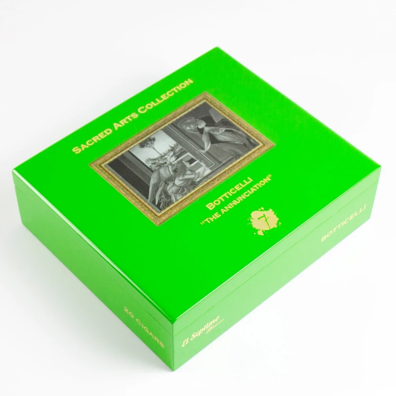 Caja de puros verde con ilustraciones de Botticelli
