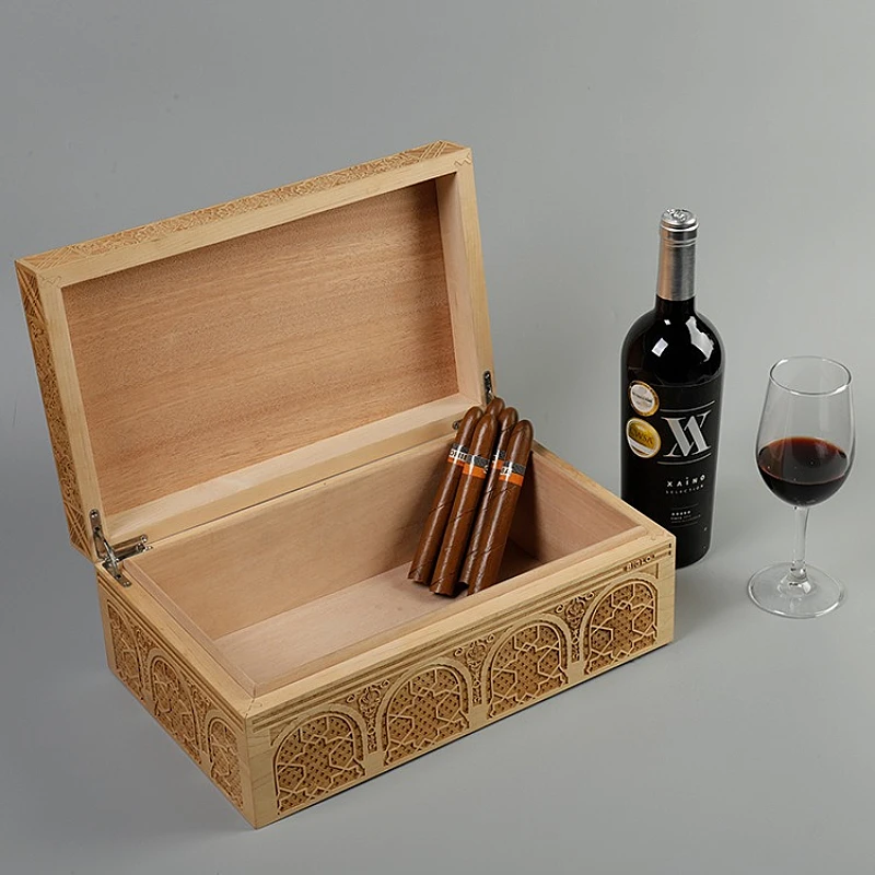 Carved wooden cigar box with wine