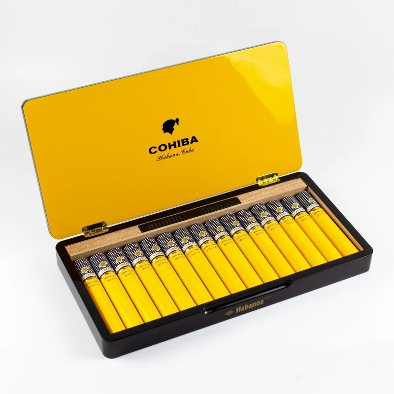 Open Cohiba cigar box with yellow tubes