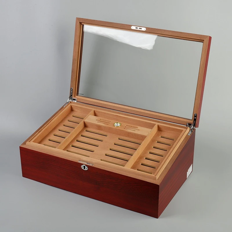 Open glass top cigar humidor with dividers