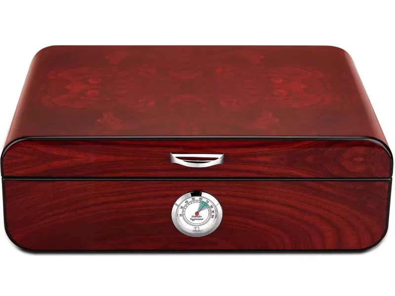 Humidor cerrado de madera roja con higrómetro