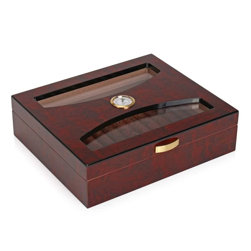 Humidor para charutos com tampa de vidro e higrómetro