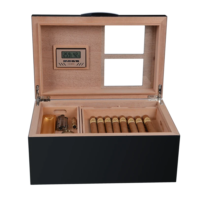 Open cigar humidor with digital display and accessories