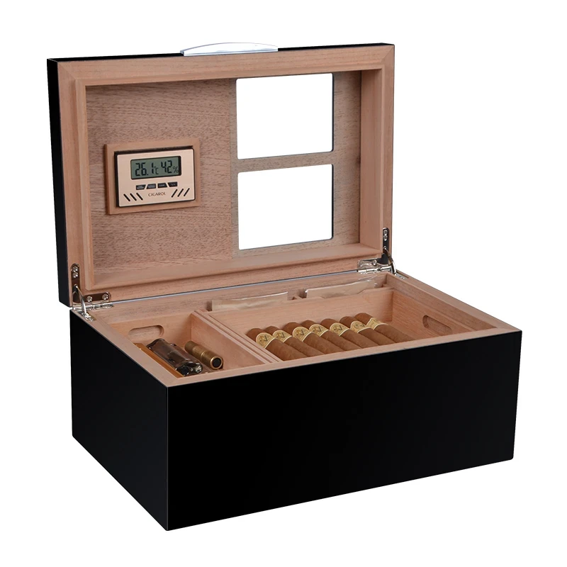 Black cigar humidor with digital display and cigars