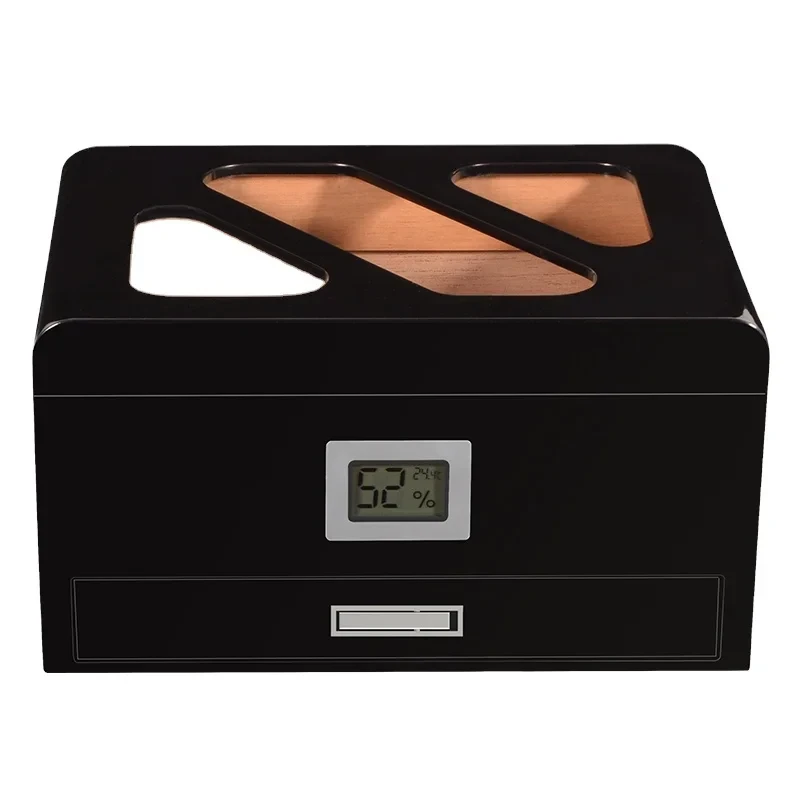Black cigar humidor with digital hygrometer and glass top