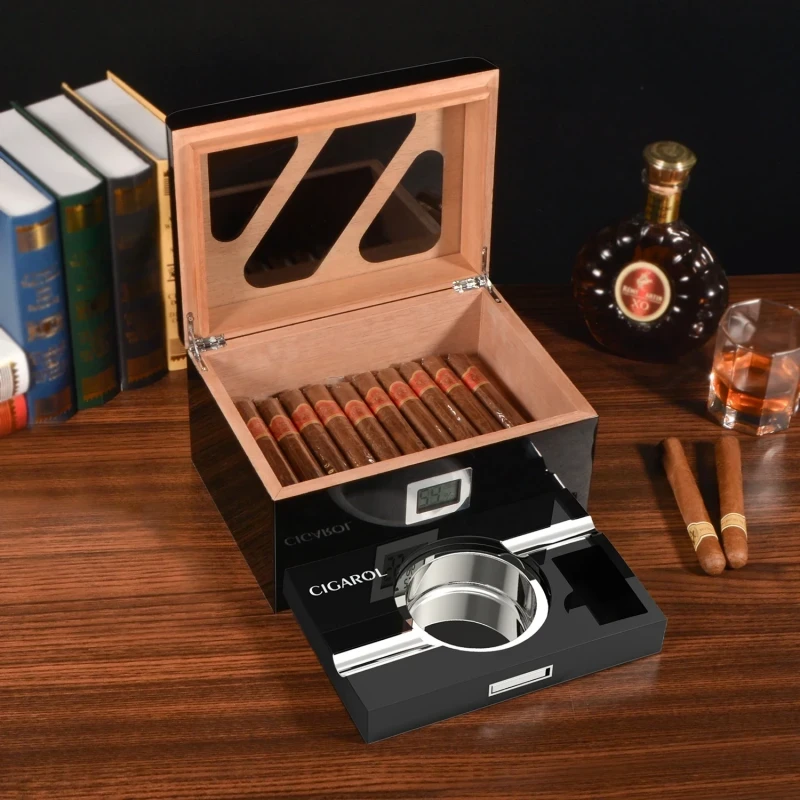 Open digital cigar humidor with cigars and ashtray