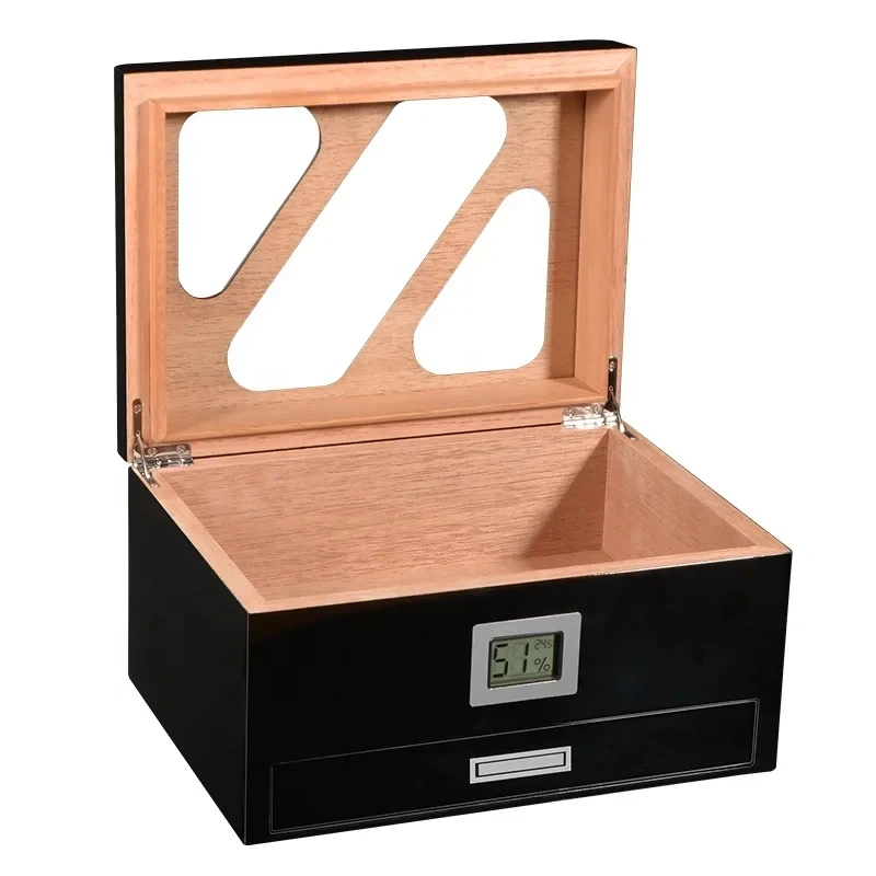 Open black cigar humidor with digital humidity display