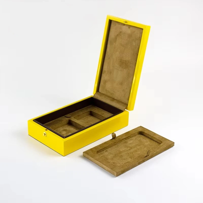 Yellow luxury perfume box with brown suede interior