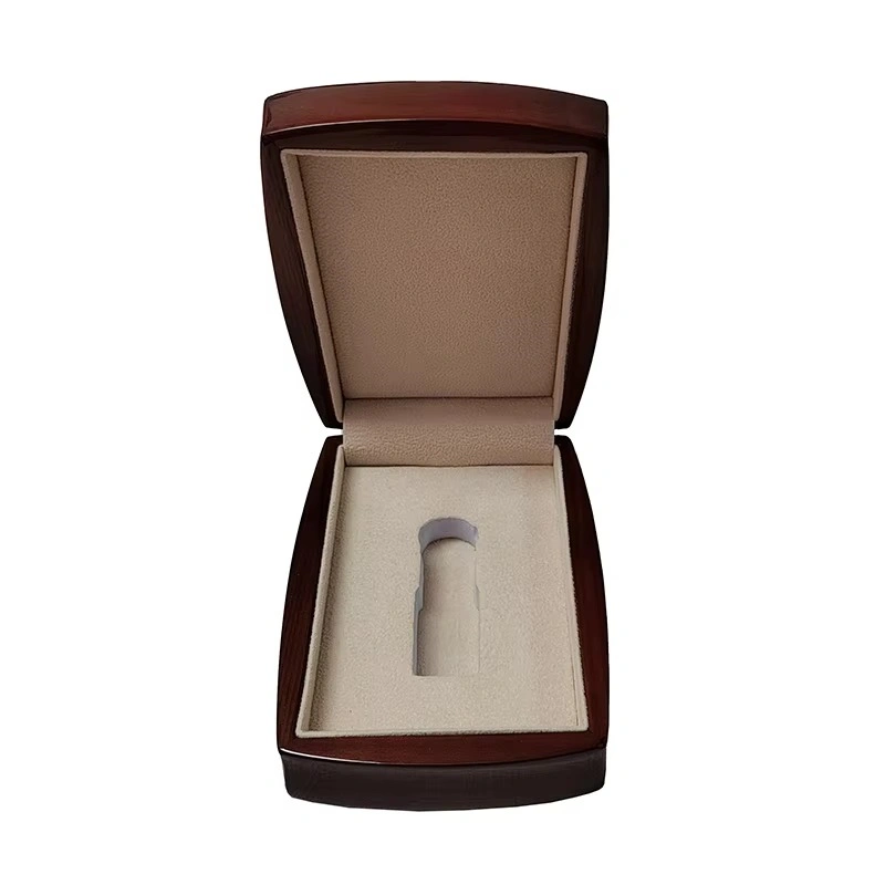 Open wooden perfume box with beige insert slot