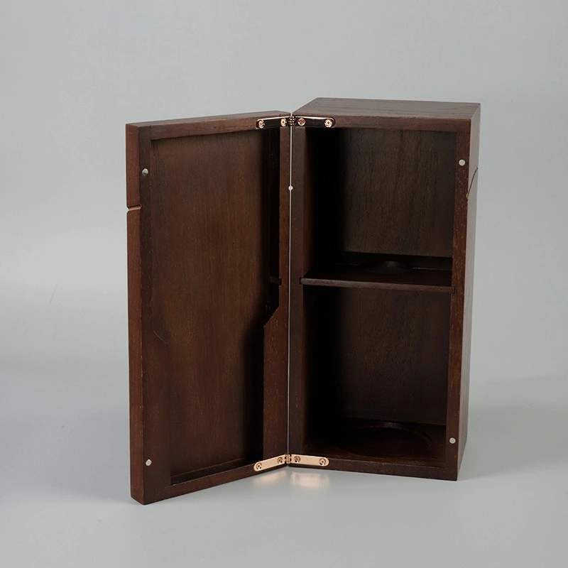 Interior of tall wooden whisky box with vertical shelves