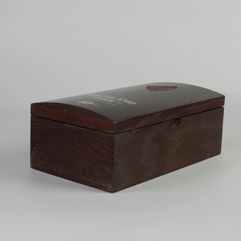 Dark wooden whisky gift box, rectangular with hinged lid