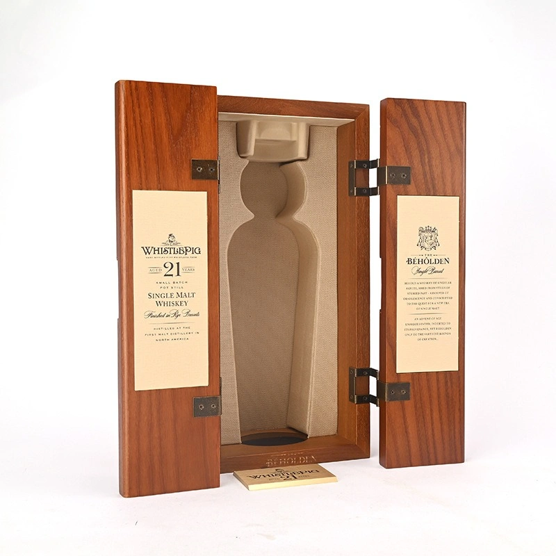 Wooden whisky box with fabric interior and double doors