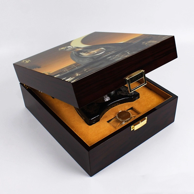 Dark glossy whisky box with printed lid and gold lock