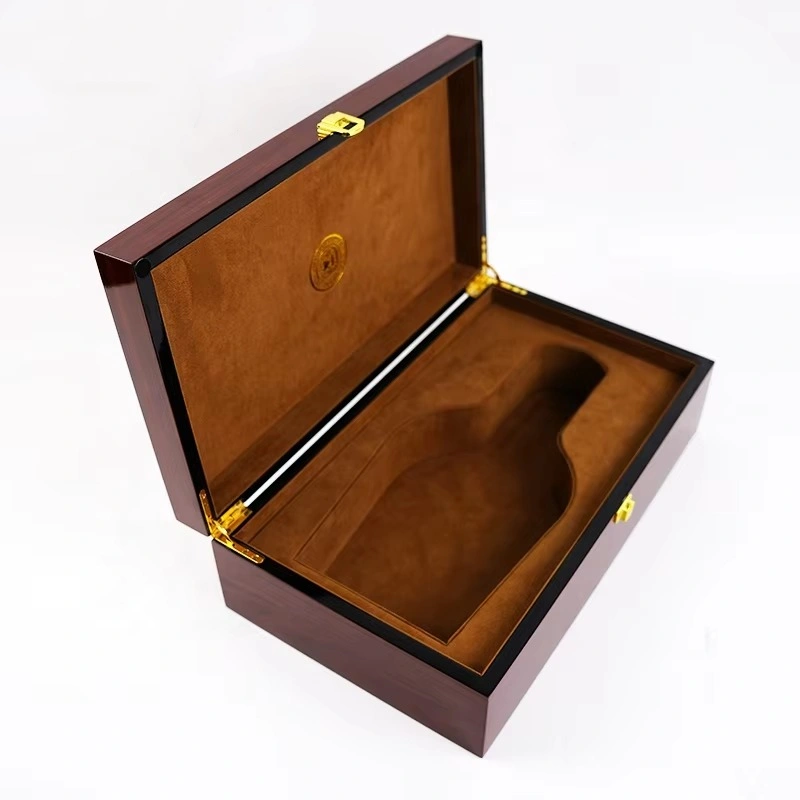 Open dark wood whisky box with brown suede interior
