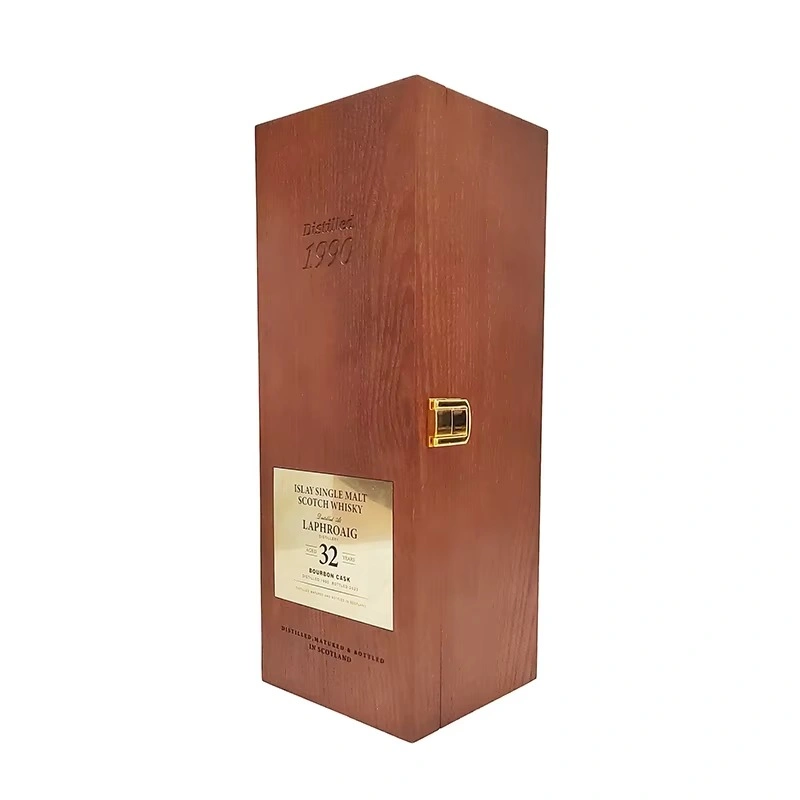 Laphroaig 32 year whisky box with engraved wood and gold latch
