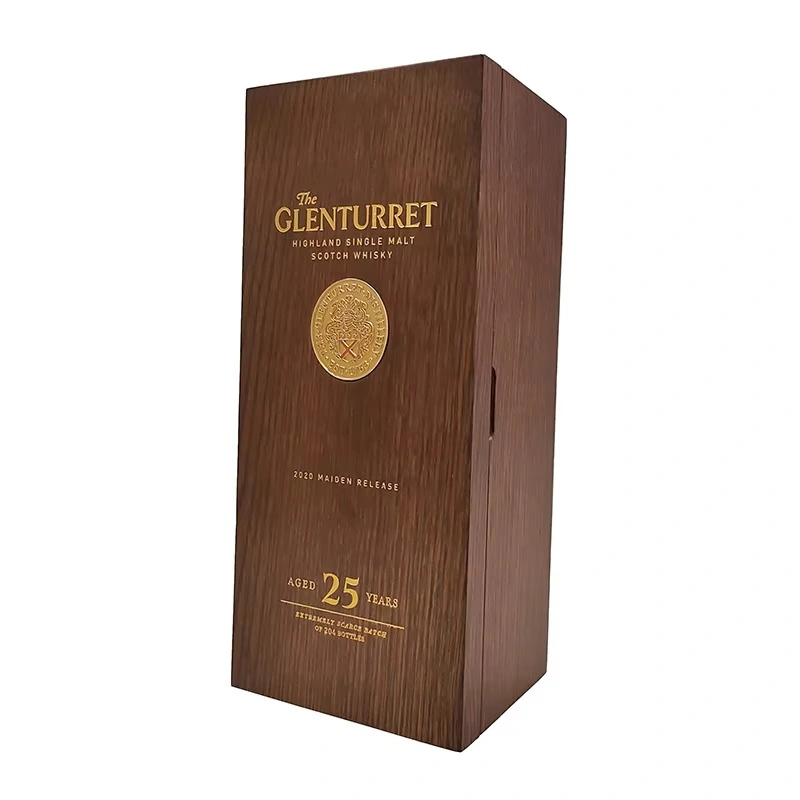 The Glenturret 25 year whisky box in dark wood with gold text