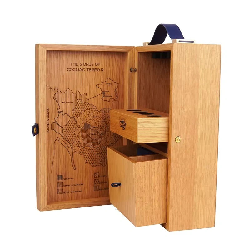 Martell Cognac box with open drawers and map