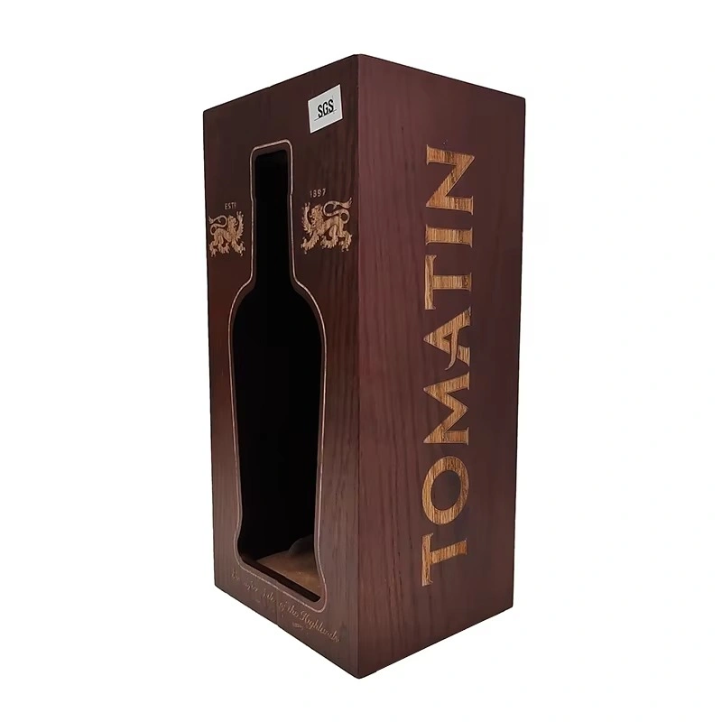 Tomatin branded wooden whisky box with bottle cutout