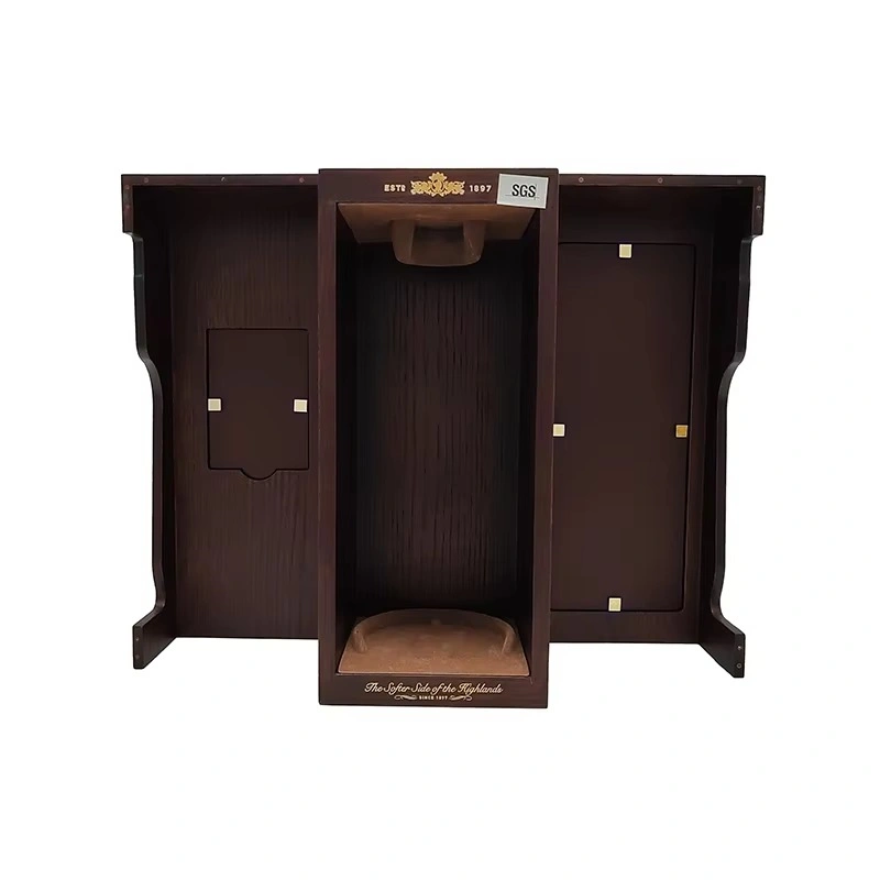 Open wooden whisky box with detailed compartments