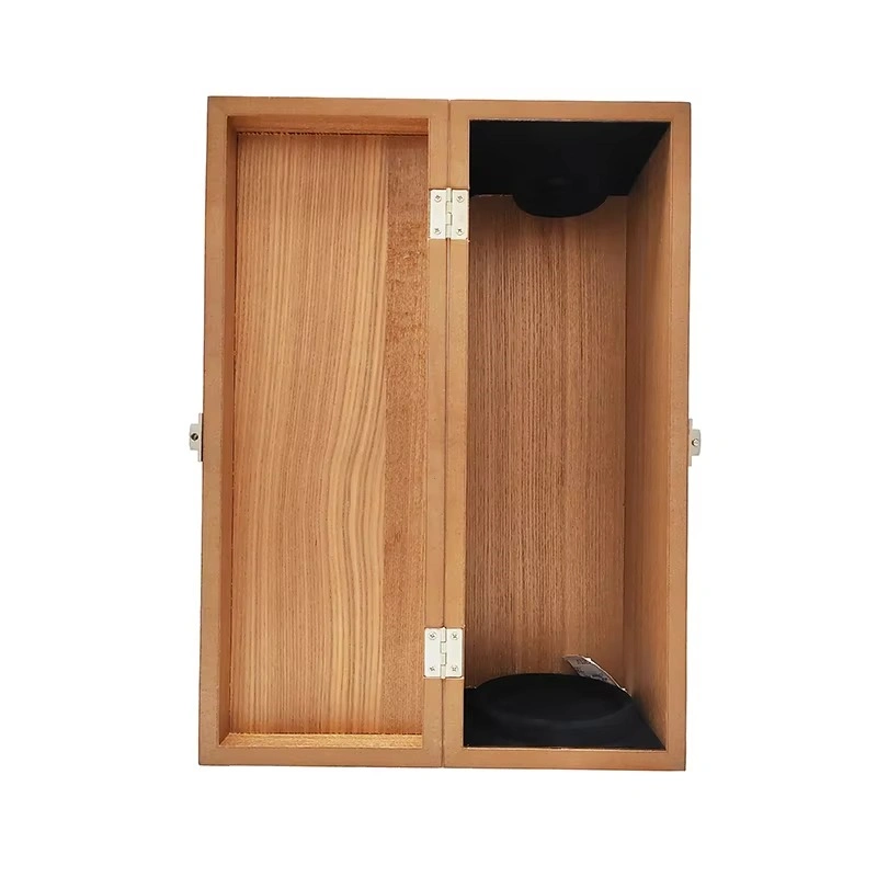 Open wooden whisky case with bottle holder