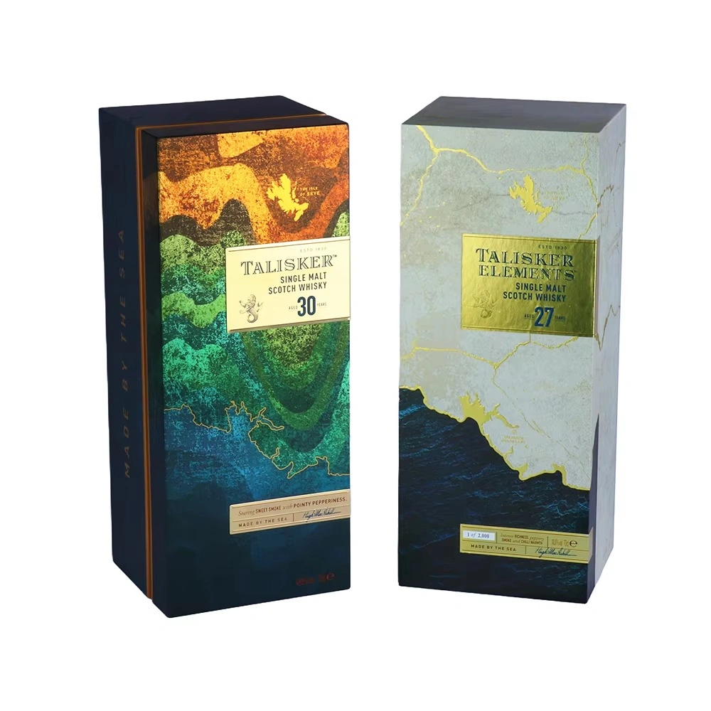 Talisker whisky boxes with colorful oceanic design