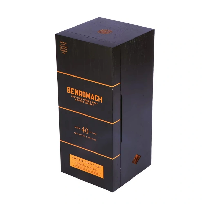 Benromach 40 year whisky wooden box packaging