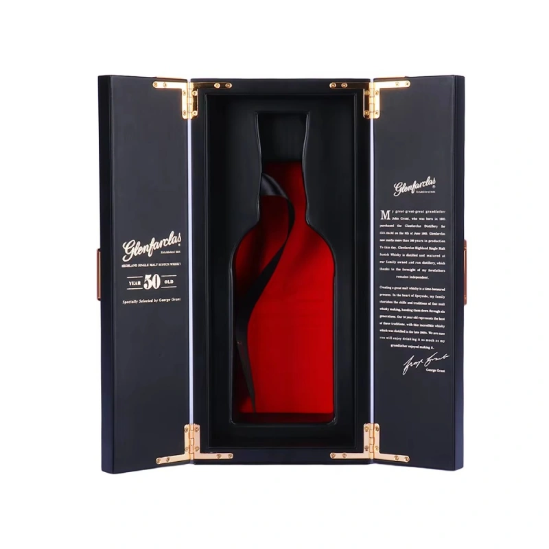 Open Glenfarclas 50 whisky box with red interior