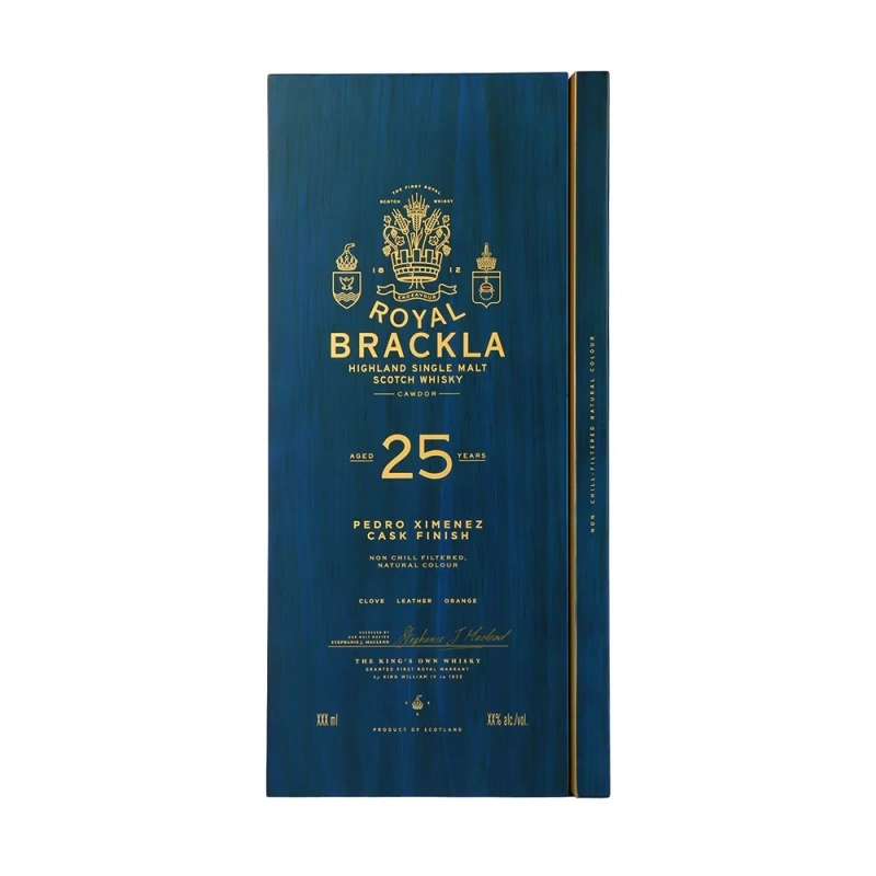 Front view of Royal Brackla 25 whisky box