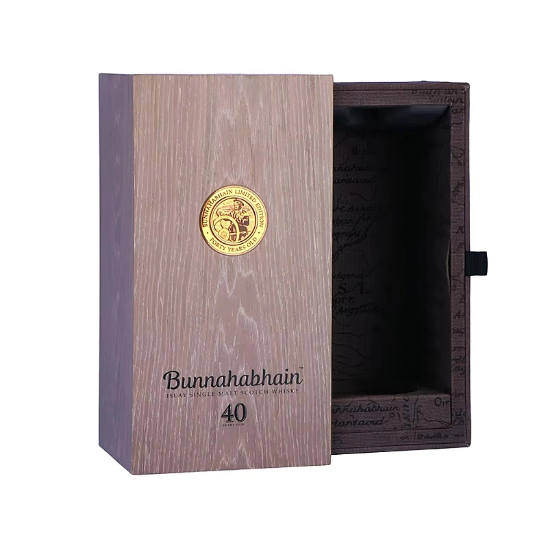 Open Bunnahabhain 40 whisky box with wood texture