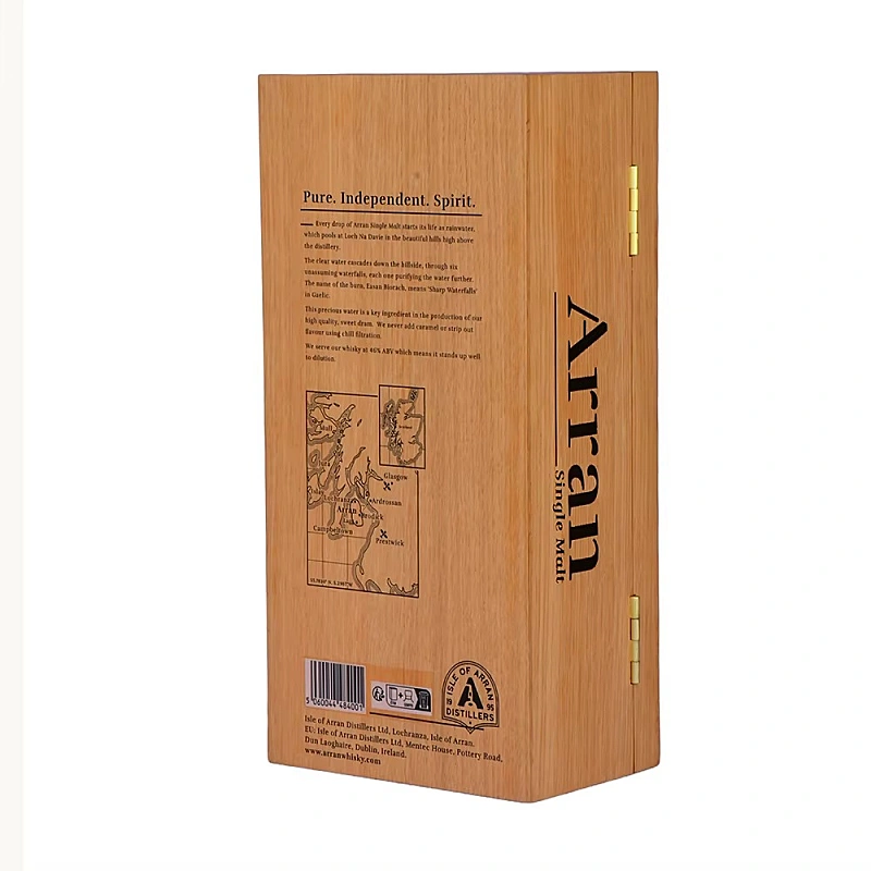Back view of Arran whisky wooden box with map and details