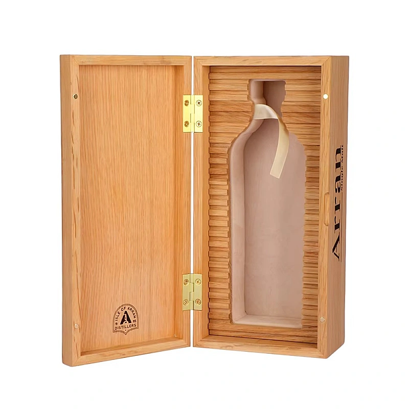 Open Arran whisky wooden box with bottle holder